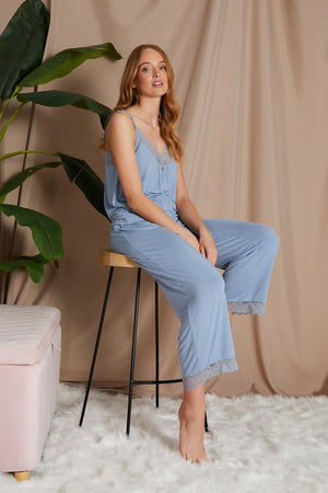 
            
                Load image into Gallery viewer, Bamboo Lace Cami Cropped Trouser Set in Blue Mist
            
        