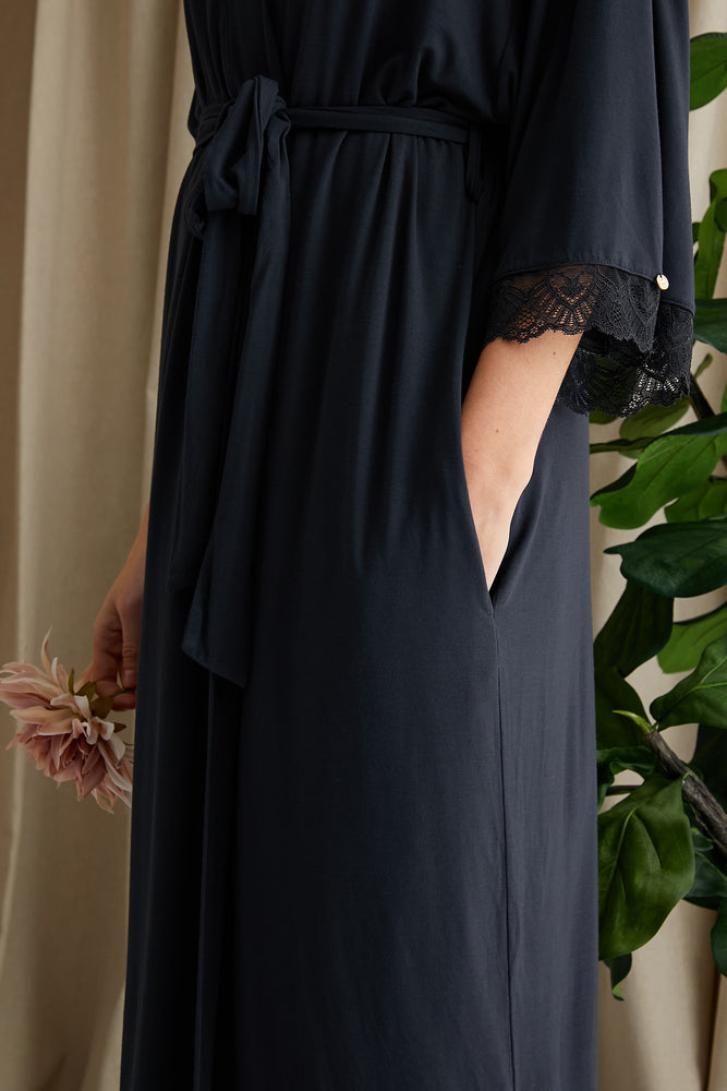 
                  
                    Women's Bamboo Lace Kimono Robe in Raven with delicate lace trims and deep pockets from Pretty You London
                  
                