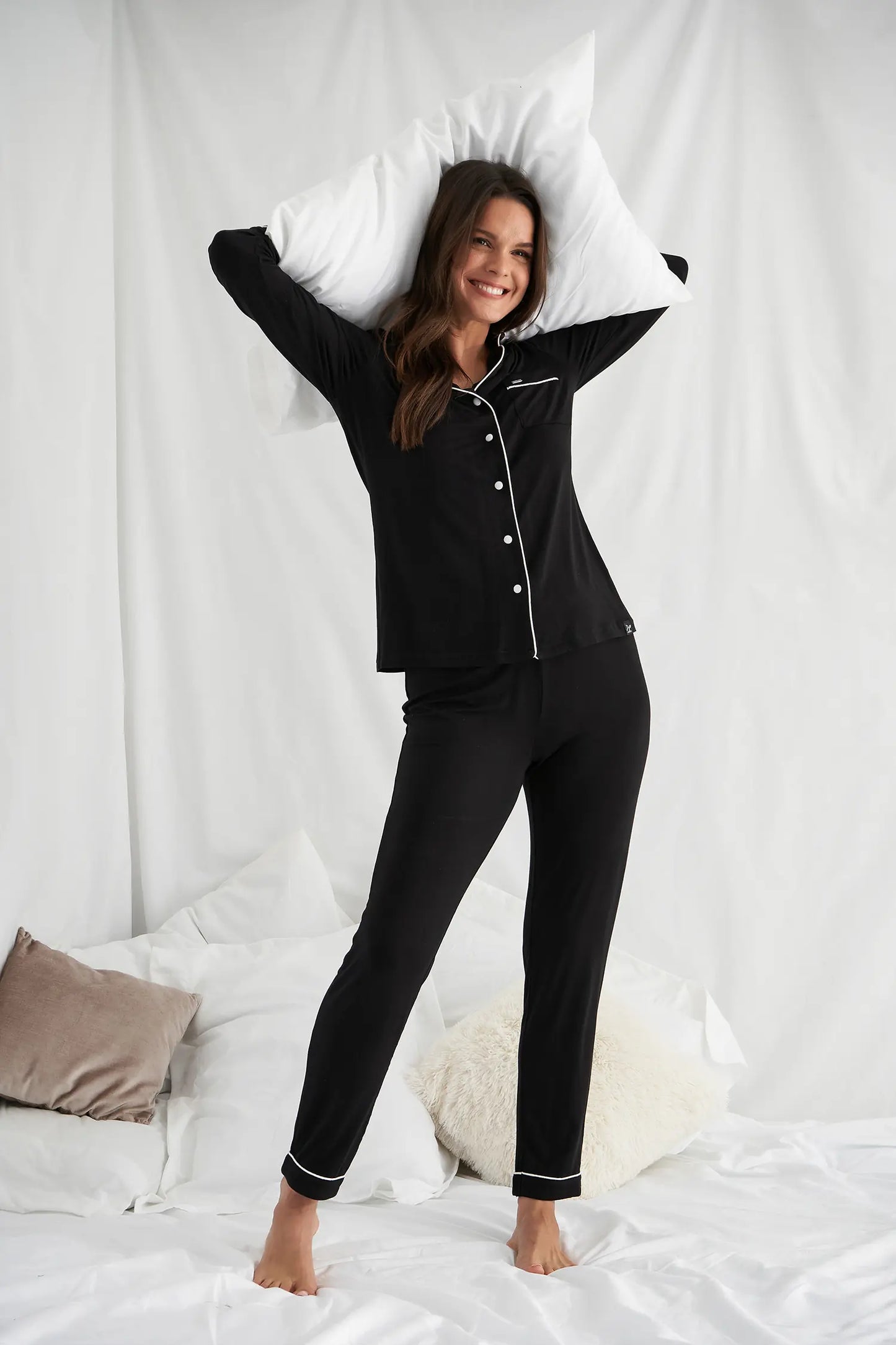 Women's Bamboo Long Pyjama Set in Black with revere collar and contrast colour piping from Pretty You London
