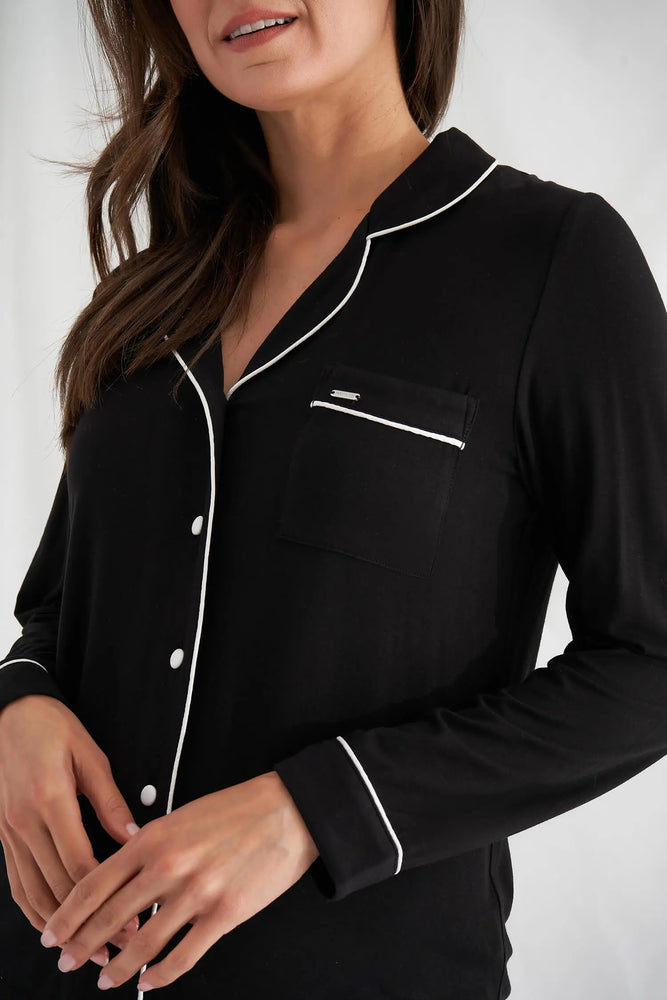 
                  
                    Women's Bamboo Long Pyjama Set in Black with revere collar and contrast colour piping from Pretty You London
                  
                