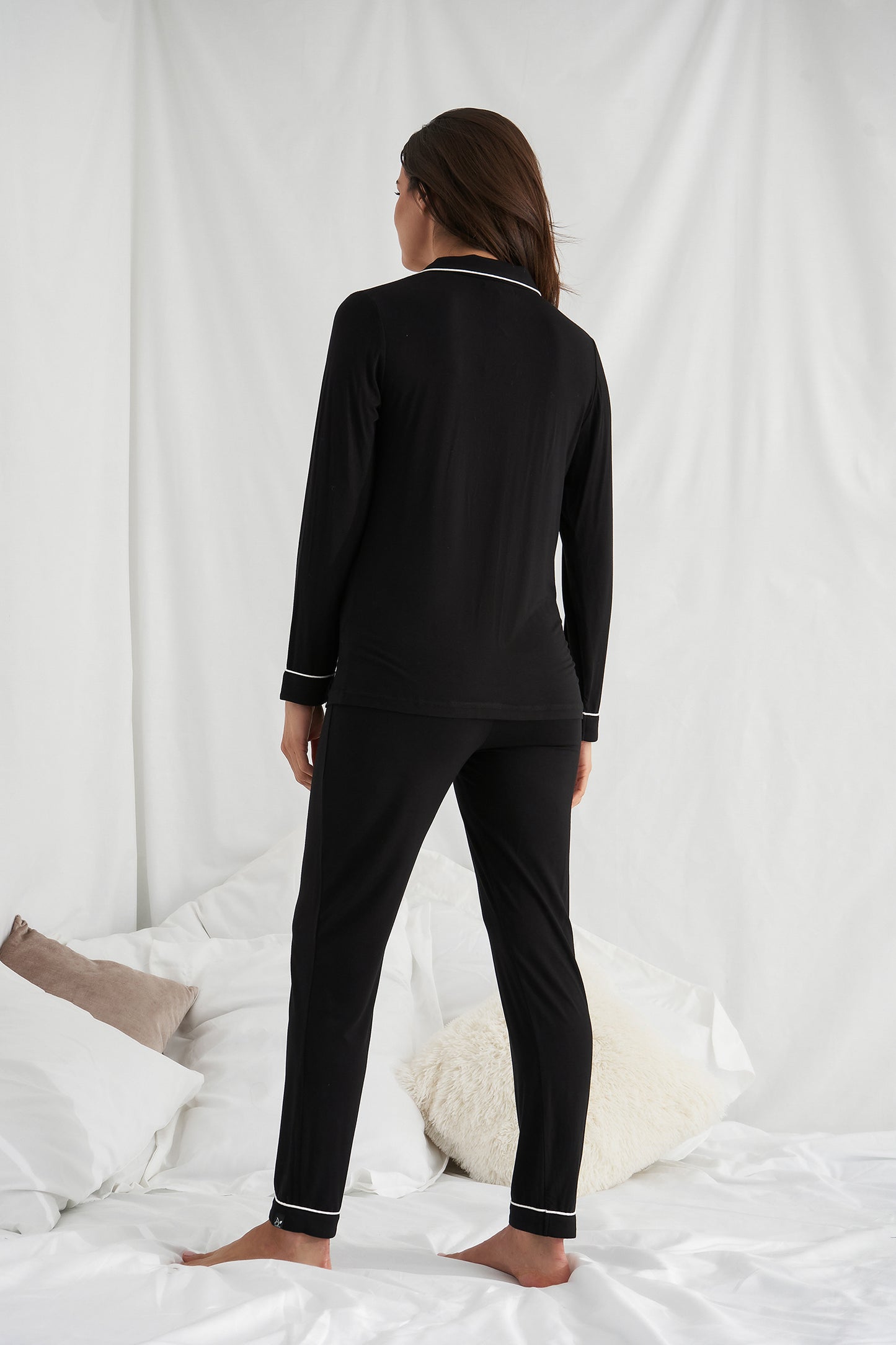 
                  
                    Women's Bamboo Long Pyjama Set in Black with revere collar and contrast colour piping from Pretty You London
                  
                