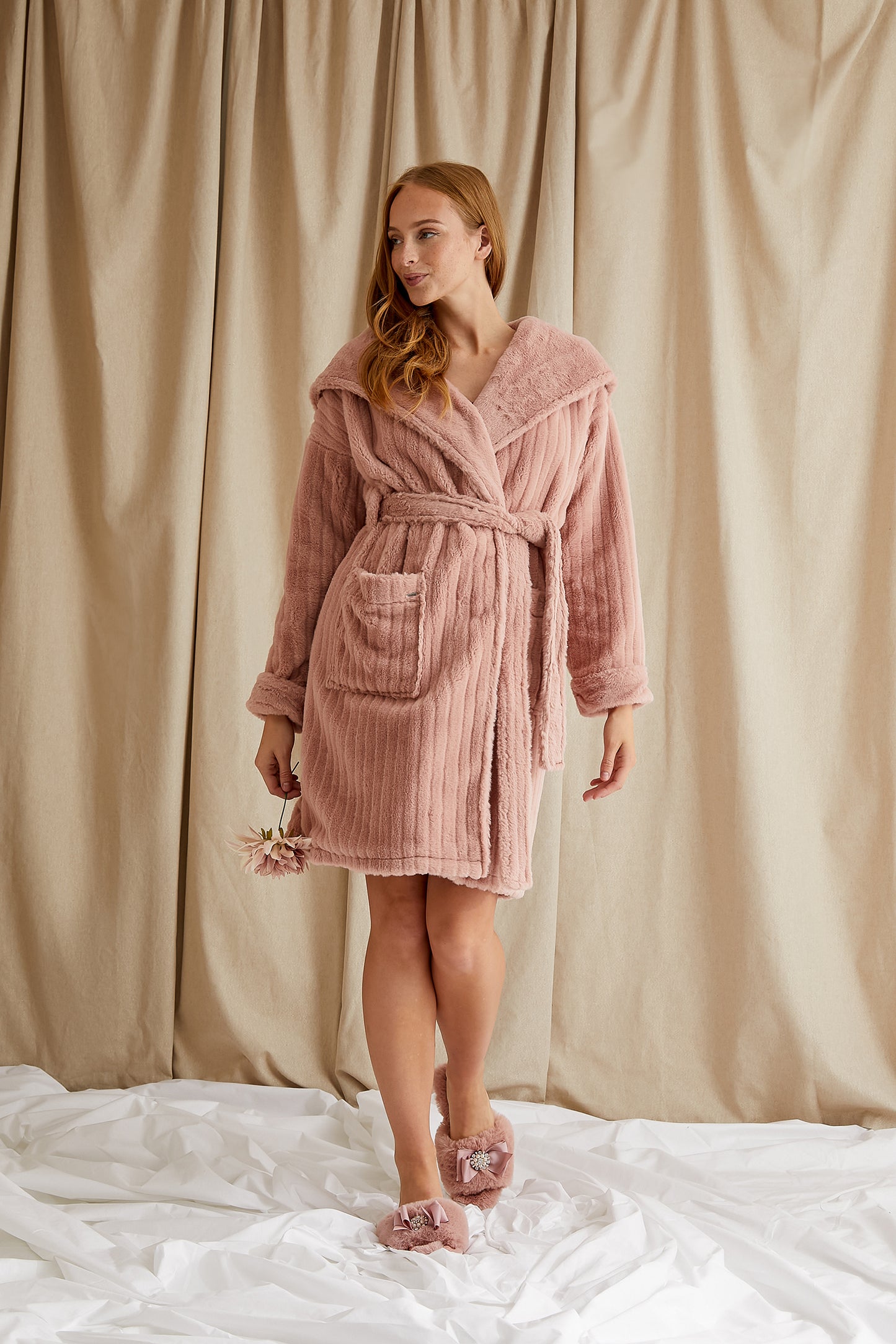 Women's Cloud Robe Dressing Gown in Dusky Pink with oversized hood from Pretty You London