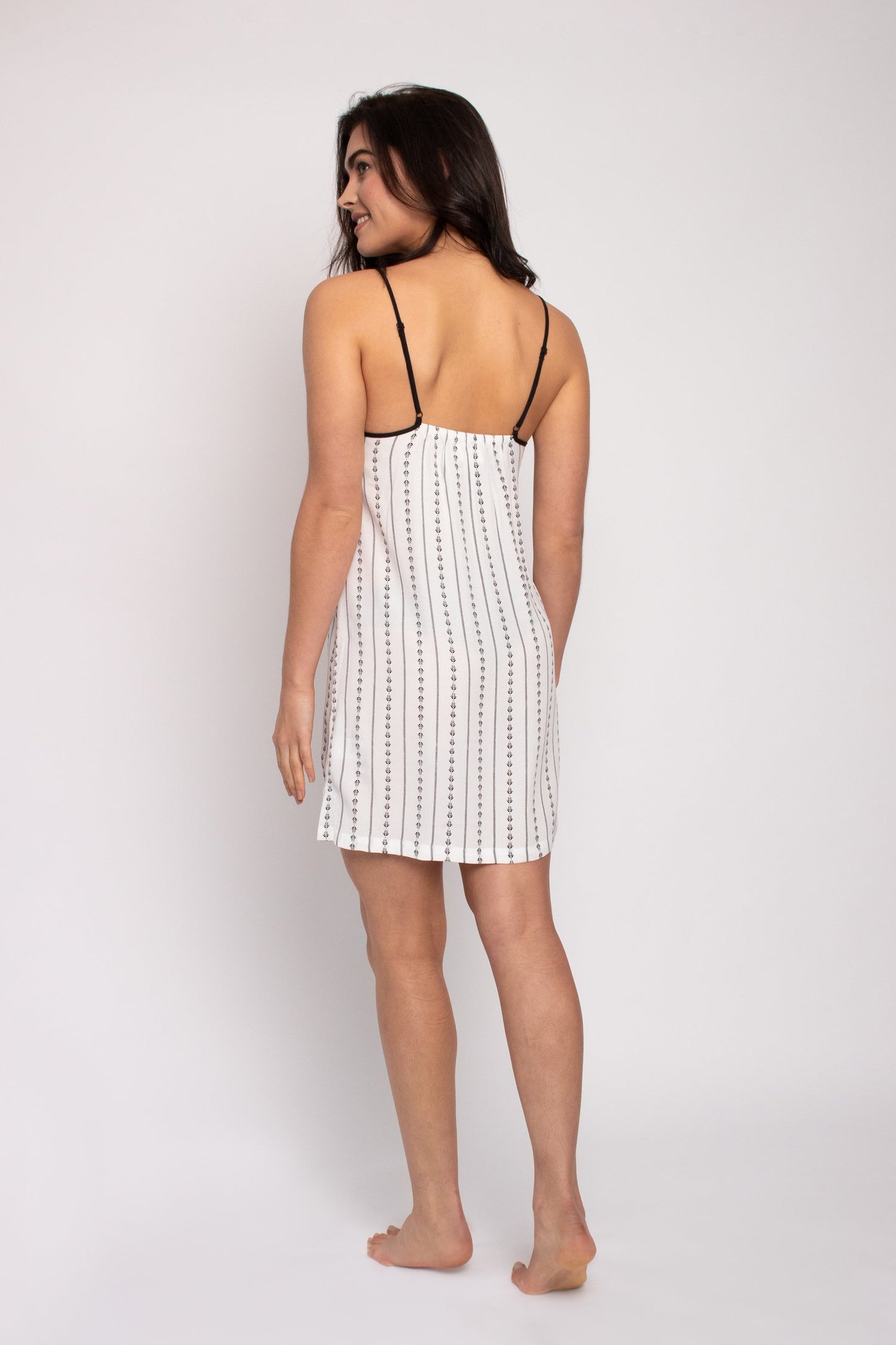 Women's EcoVero Chemise Nightdress in Ecru Stripe with leaf print and adjustable straps from Pretty You London