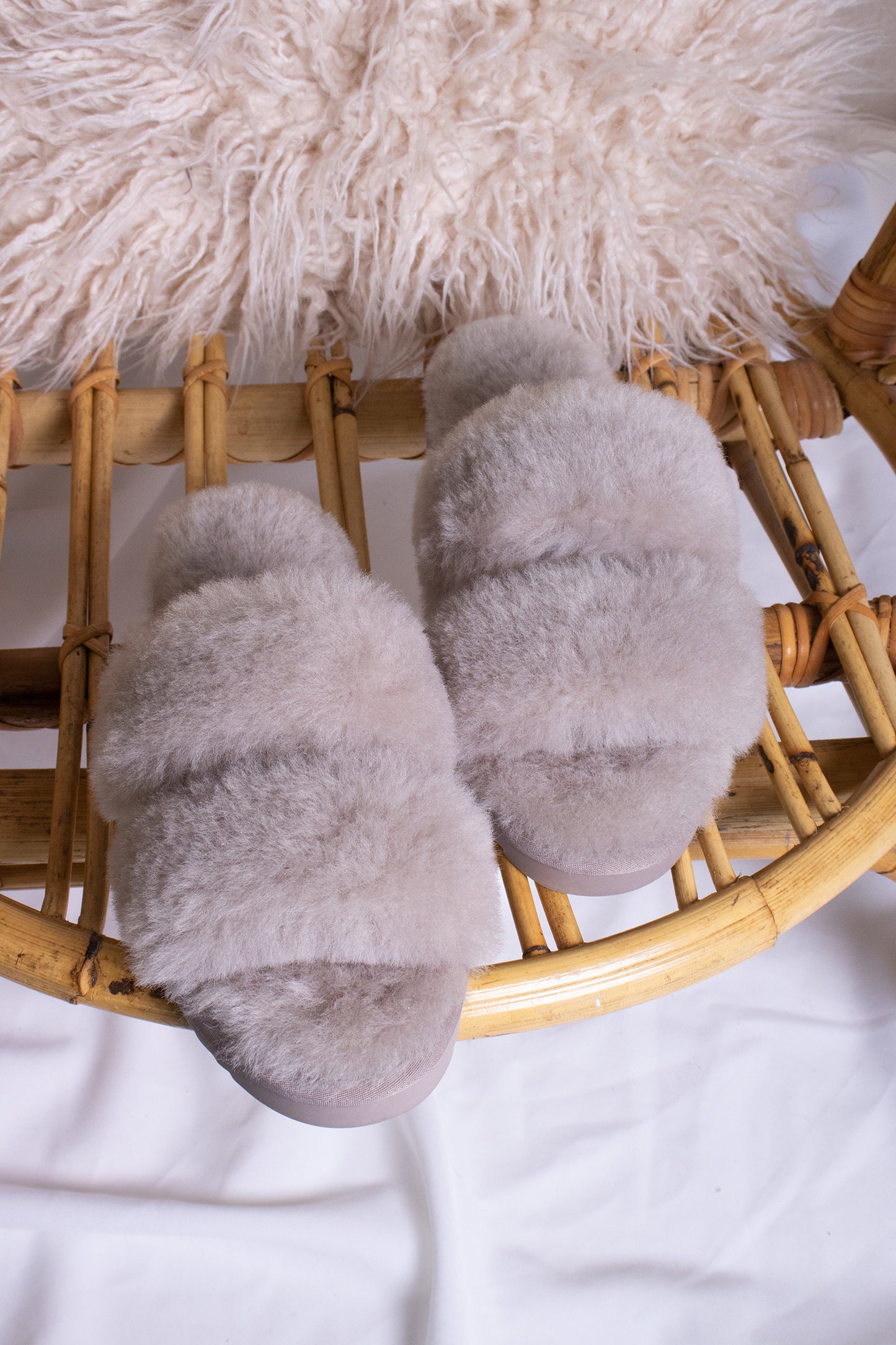 Jinx women's luxury sheepskin slippers in truffle with a double band and open toe from Pretty You London
