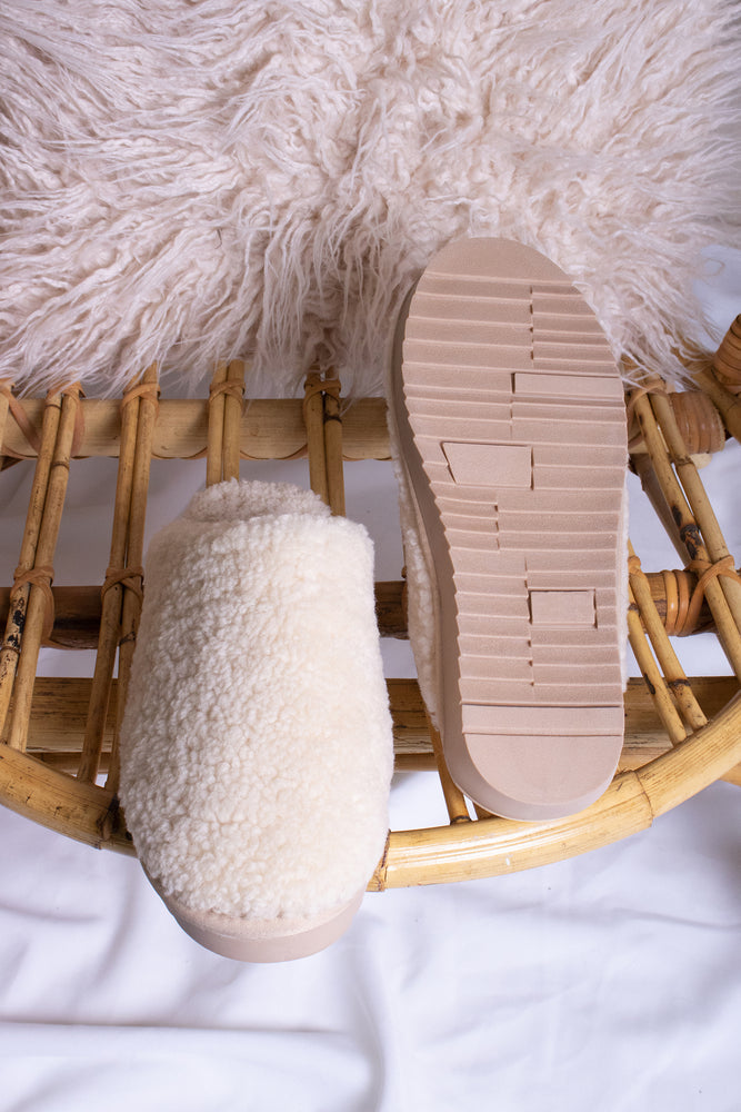 Jude luxury women's mule slippers in natural colour with warm sheepskin lining from Pretty You London