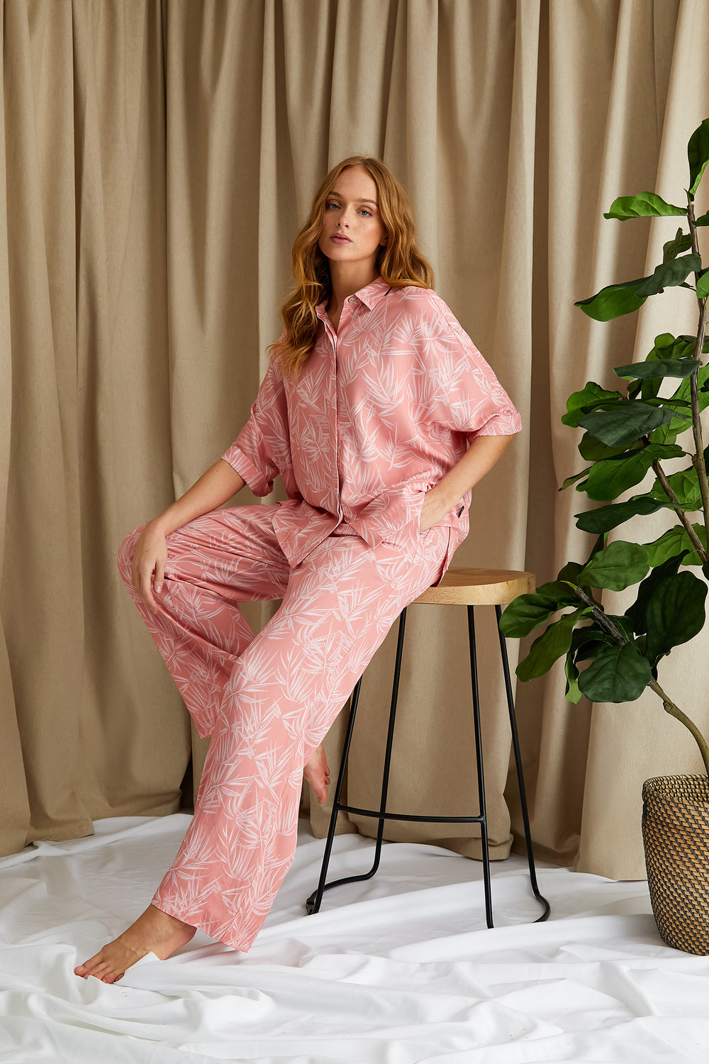 Printed Studio Long Pajama Set in Coral Pink
